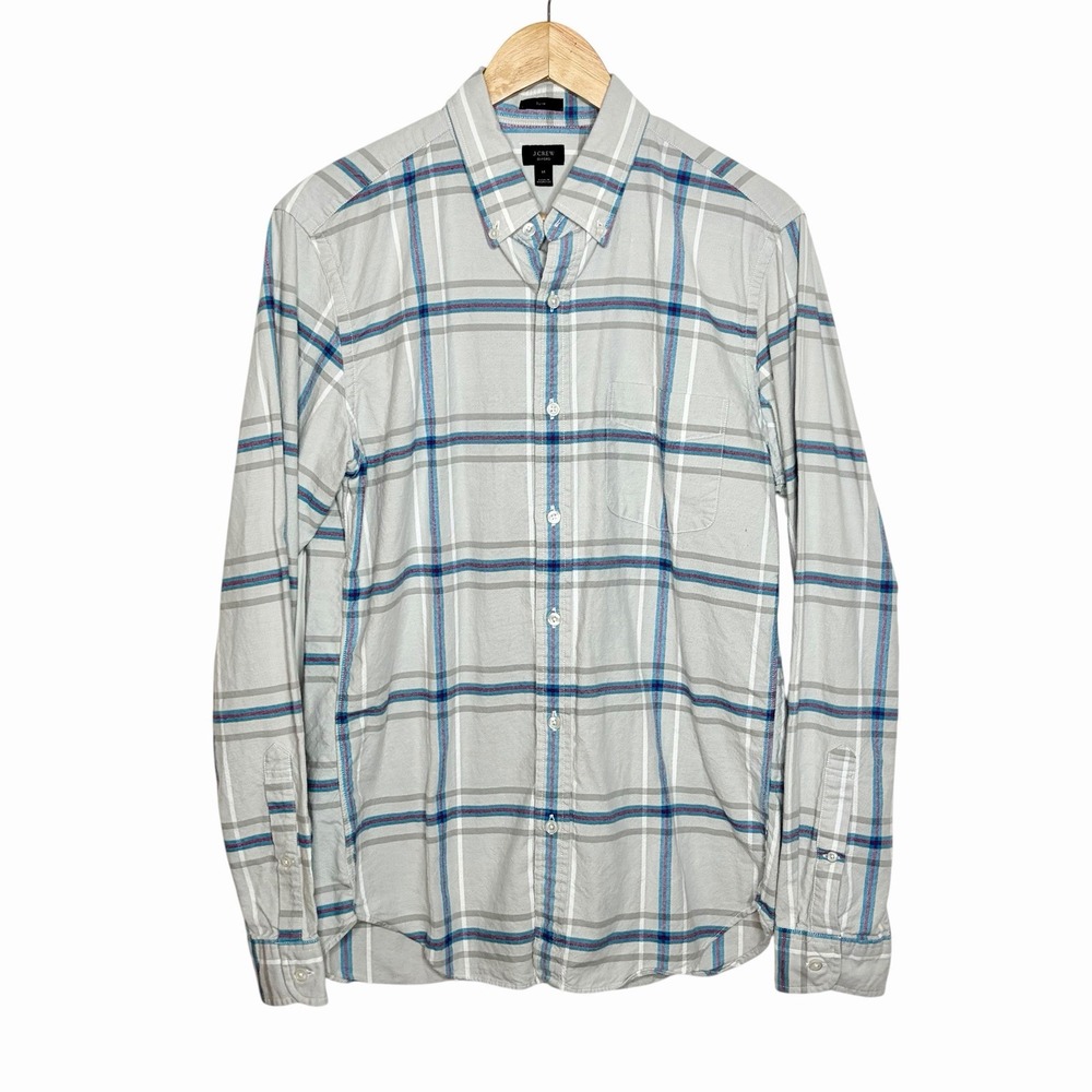 J Crew Slim Oxford Shirt Taupe Windowpane Plaid Mens Size M Button Down